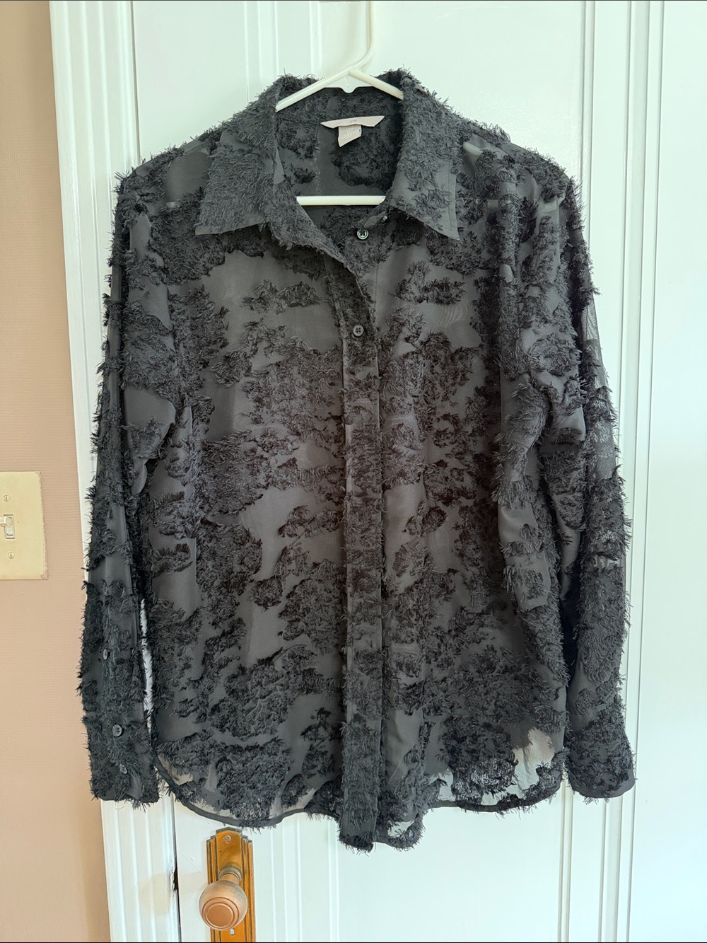 H&M Black Textured Sheer Long-Sleeve Button-Down Shirt